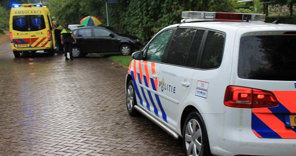 Auto schiet rechtdoor op kruising en belandt in de bosjes