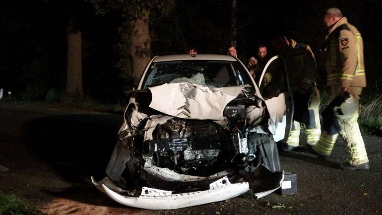 Brandweer haalt twee gewonden uit auto na botsing tegen boom