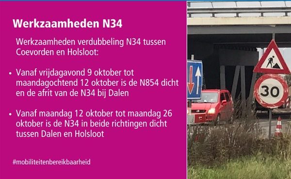 N34 vanaf Maandag twee weken deels afgesloten vanwege werkzaamheden