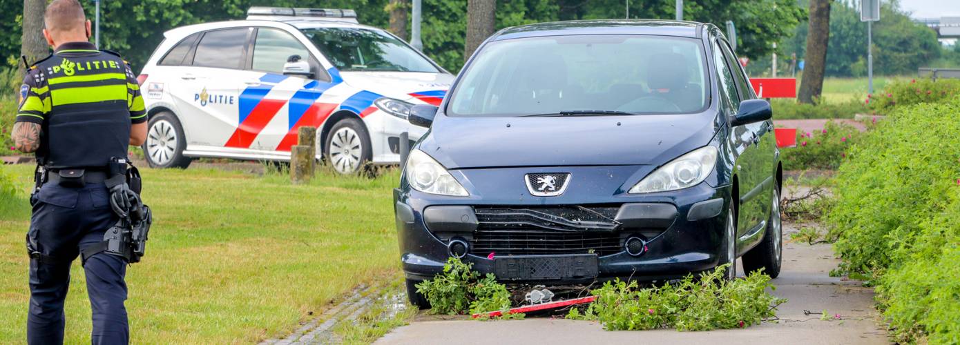 Auto botst tegen verkeersbord, rijdt door bosschage en eindigt op fietspad (video)