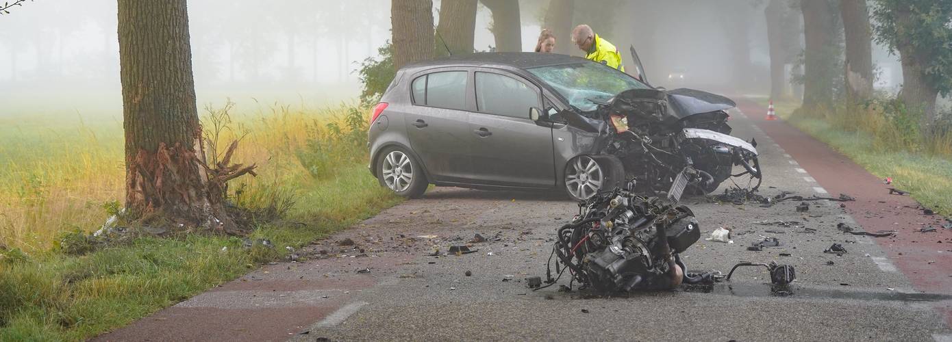 Motorblok uit auto geslingerd nadat automobiliste tegen boom botst (video)