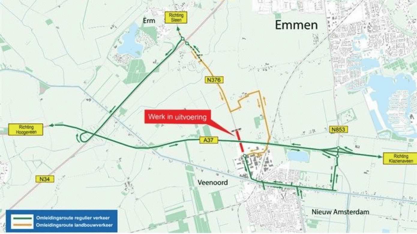 Werkzaamheden N376 in Veenoord van 28 juli tot en met 8 augustus