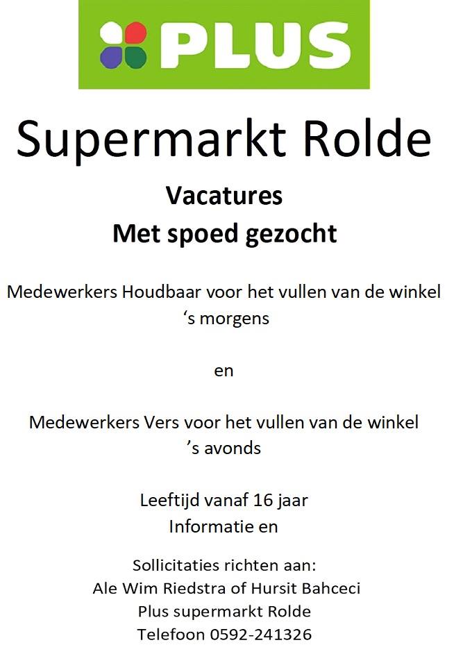 Plus supermarkt Rolde zoekt personeel